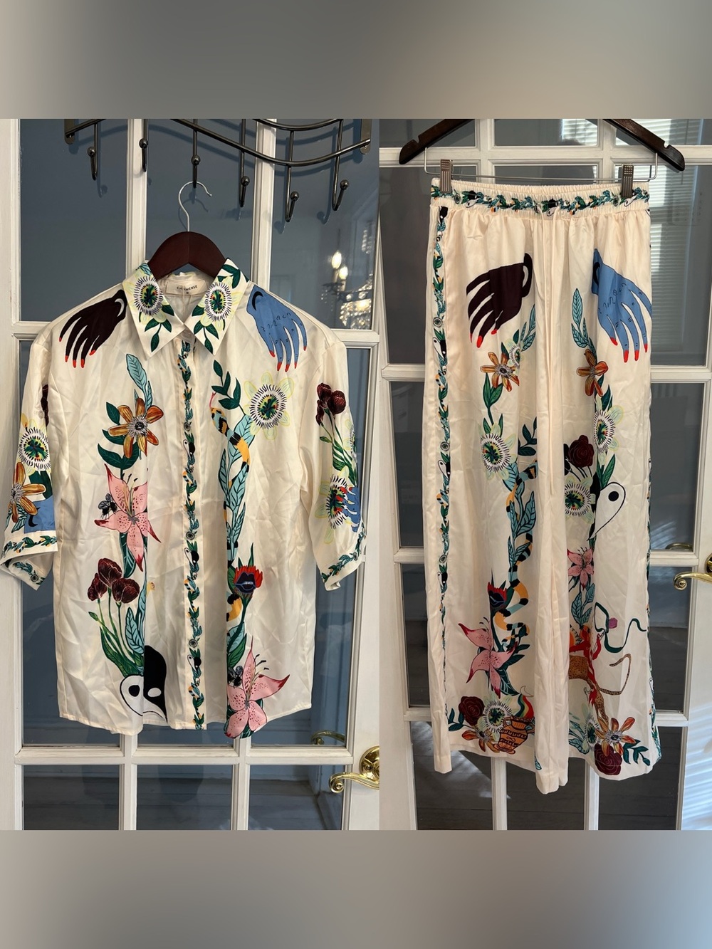 Commense Women’s Ivory Botanical Floral Satin Shirt Wide Leg Pants Set Size M